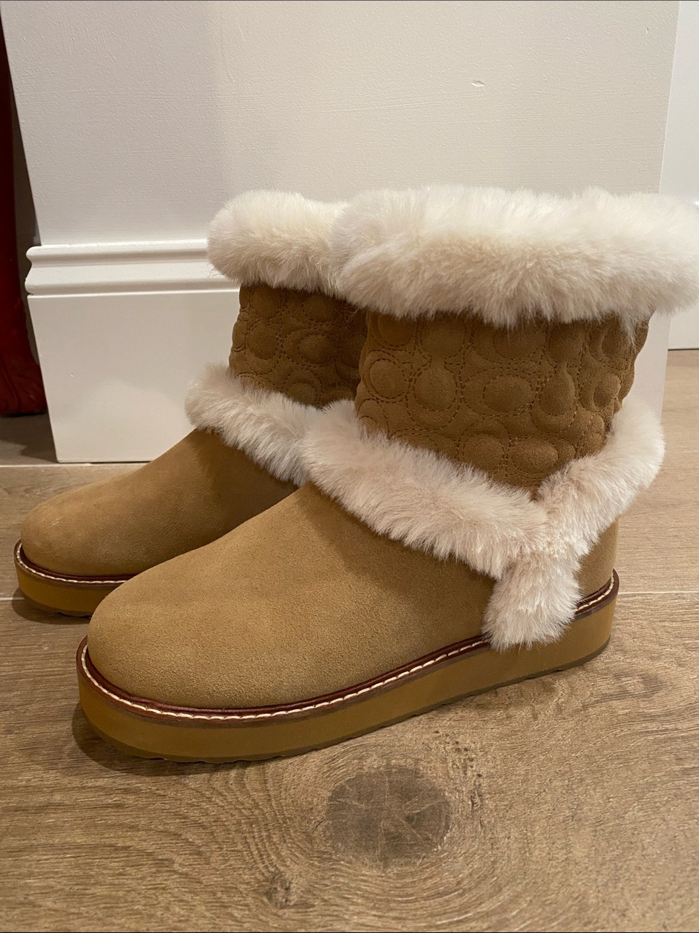 Coach Chestnut Suede Shearling-Trim Winter Boots